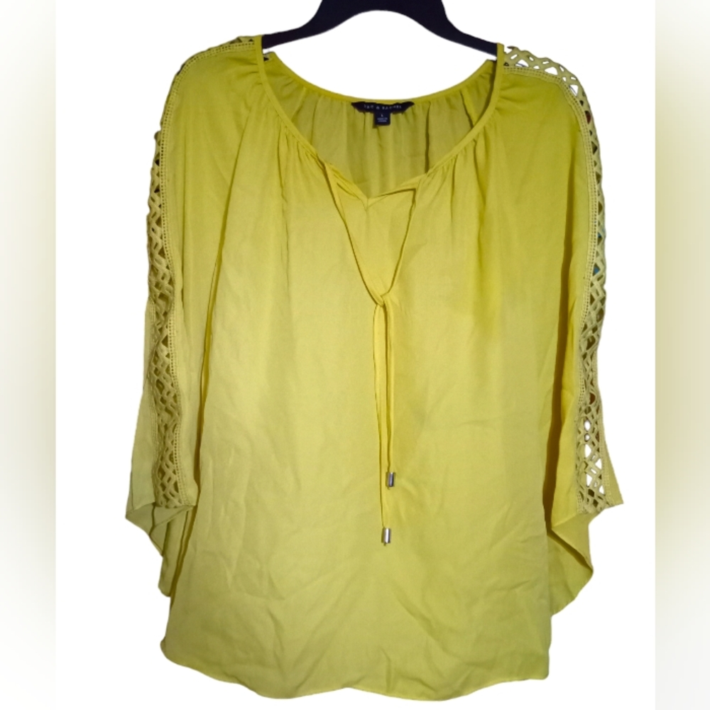 ZAC & RACHEL |Yellow Semi Sheer Flowy Lattice 3/4 Sleeve Blouse | Large